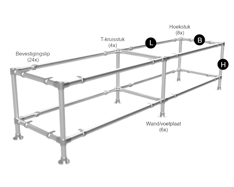 Werktafel onderstel lang met onder-etage uit gegalvaniseerde buis Ø 42,4 mm